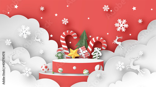 Christmas and New Year stage podium scene. Christmas mockup scene. Merry Christmas. paper cut and craft style. vector, illustration.