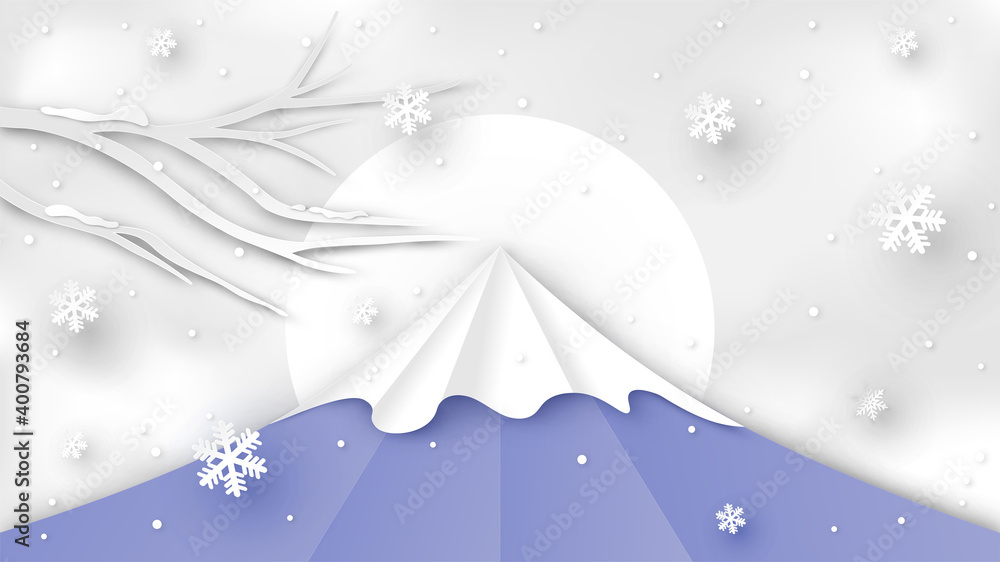 Landscape of Mount Fuji with falling snow in winter. Beautiful Mount Fuji in winter. Mount Fuji in Christmas and New year. paper cut and craft style. vector, illustration.