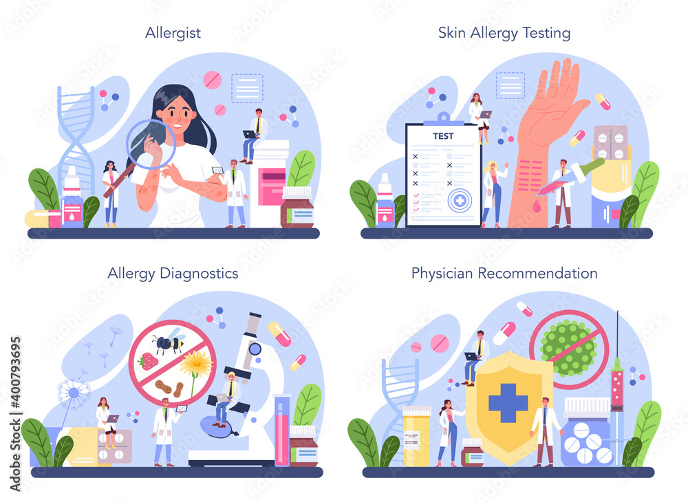 Allergist concept set. Disease with allergy symptom, medical allergology