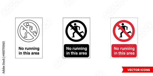 No running in pool area prohibitory sign icon of 3 types color, black and white, outline. Isolated vector sign symbol.