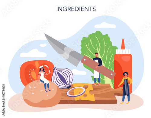 Fast food, burger house concept. Chef cook tasty hamburger