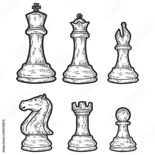 Set of chess pieces. Engraving vector illustration. Sketch scratch