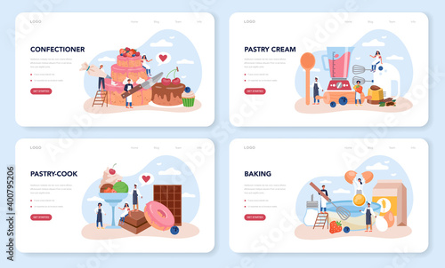 Confectioner web banner or landing page set. Professional confectioner chef.
