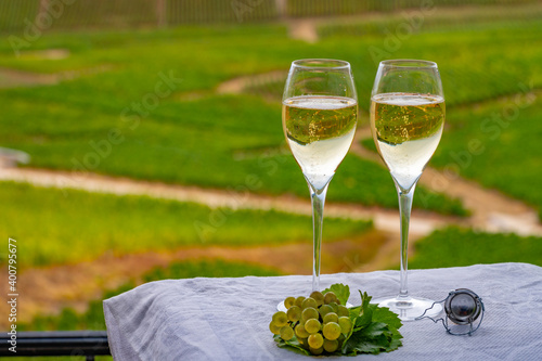 Tasting of french sparkling white wine with bubbles champagne on outdoor terrace with view on grand cru Champagne vineyards in Cramant, near Epernay, France