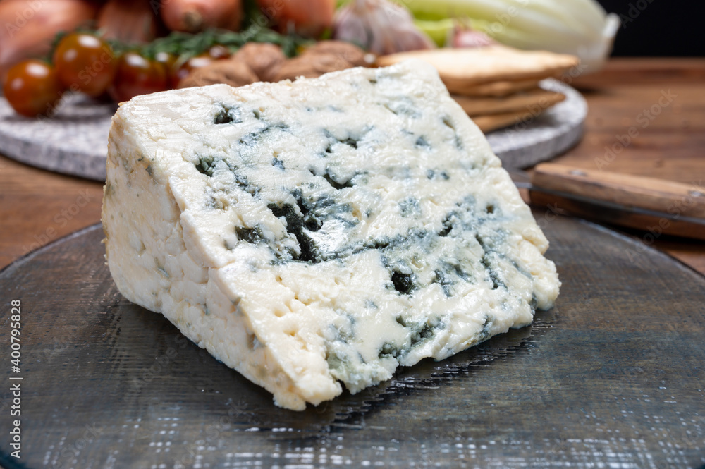 Cheese collection, French blue cheese roquefort from grotten of Roquefort-sur-Soulzon, France