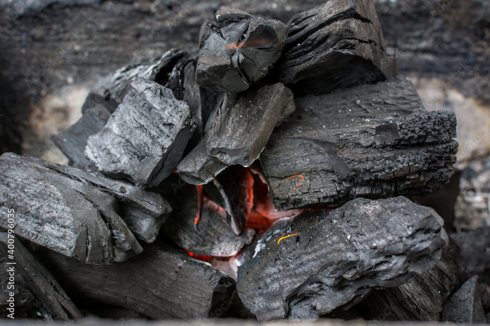 Hot Burning Charcoal for BBQ  with Flame and Fire Background