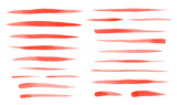 Set of bloody red watercolor brush strokes, uneven lines, stripes, underlines, doodle streaks, fusuform blood smears. Hand drawn watercolour design elements, text backgrounds, templates.