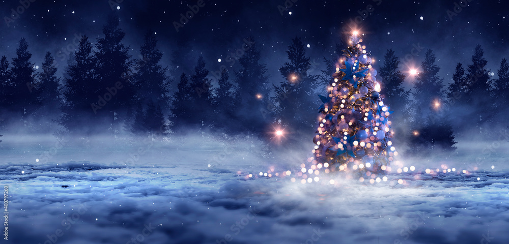 Night winter forest fantasy landscape with a Christmas decorated tree.  Festive bokeh lights, dark forest, neon lights. Decorated Christmas tree in  the night forest. Background for postcards. Stock Illustration | Adobe Stock