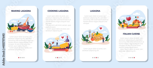 Tasty lasagna mobile application banner set. Italian delicious cuisine