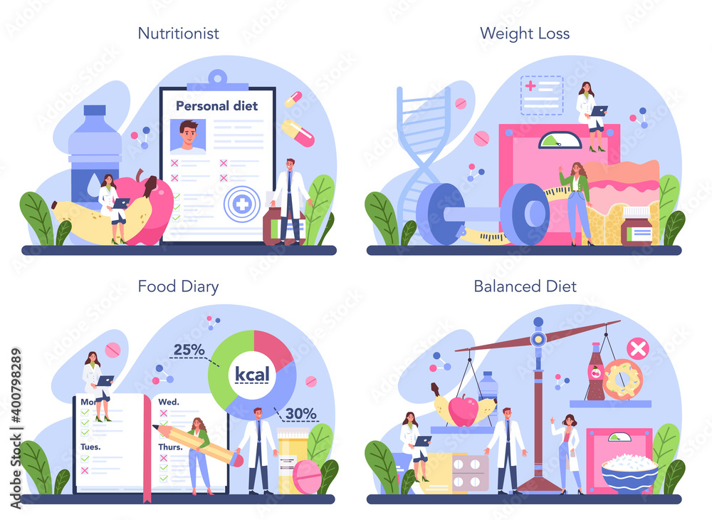 Fototapeta premium Nutritionist concept set. Nutrition therapy with healthy food