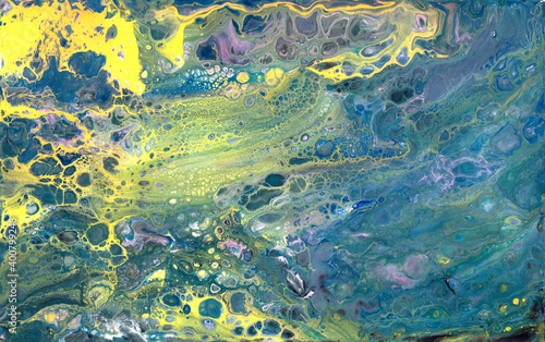 Abstract textured blue yellow bubble liquid fluid acrylic background fill.