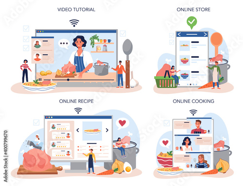 Chicken soup online service or platform set. Tasty meal and ready dish
