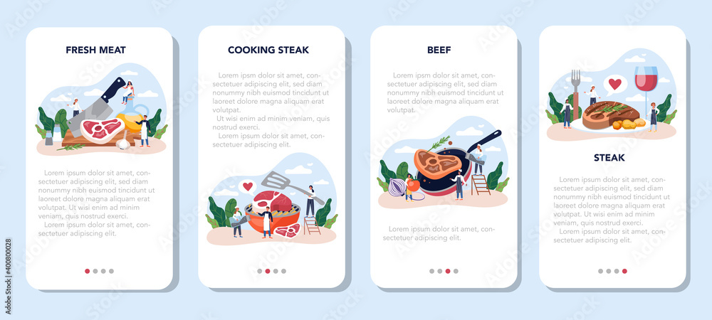 Steak mobile application banner set. People cooking tasty grilled meat