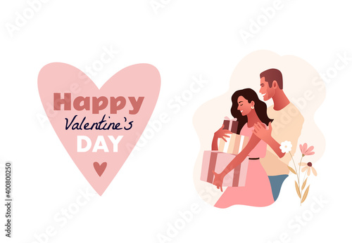 Happy Valentine's Day set. Lettering type. Beautiful young couple dancing salsa in the city. Street dancing. People in love, dating. Vector illustration cartoon style. Dance studio logo.