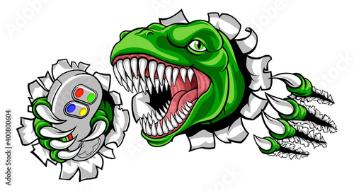 A dinosaur T Rex or raptor gamer player cartoon animal sports mascot holding a video game controller in its claw