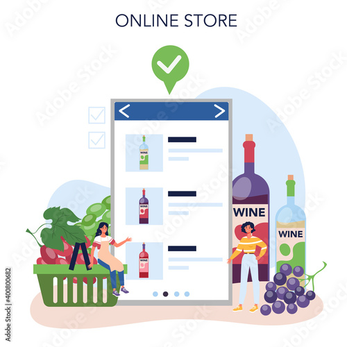 Wine maker online service or platform. Grape wine in wood barrel