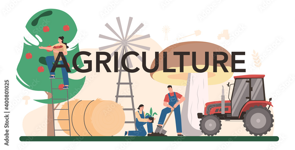 Fototapeta premium Agriculture typographic header. Farming food cultivation and production