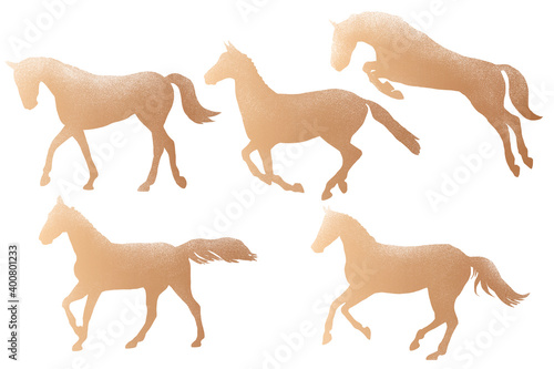 Race horses silhouettes. Clip art kit on white background