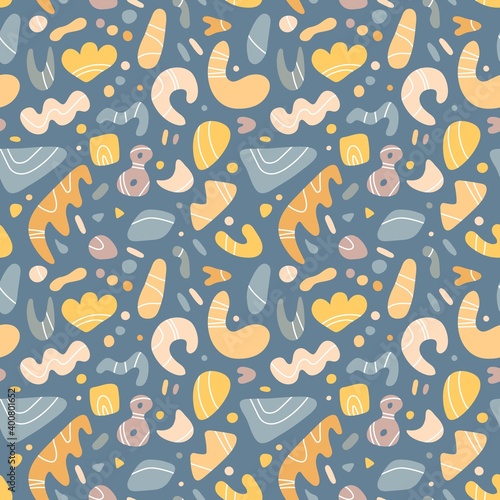Seamless pattern of various light rounded shapes on a dark blue background. Doodle style. Pink, beige, purple and blue shapes. Scandinavian style. Soft pleasant pastel shades.