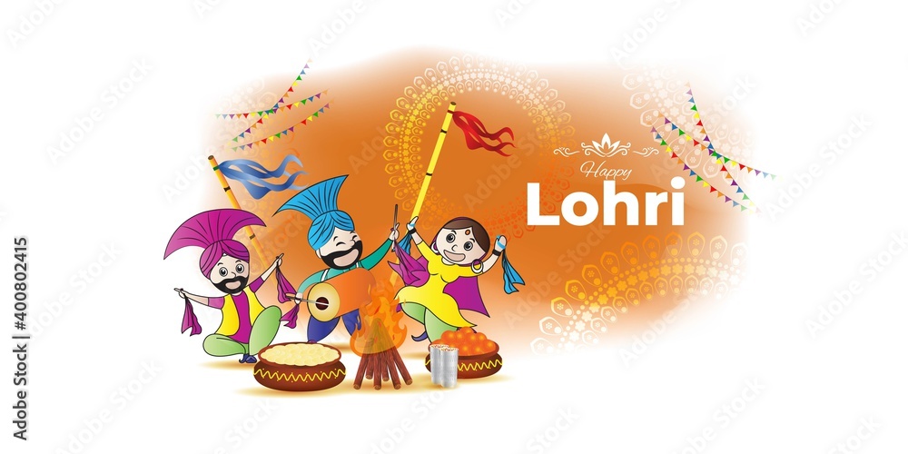 Vector illustration of Happy Lohri banner, festive background concept, celebrating people with drum, bonfire and sweets, Indian Punjabi festival, Vector illustration of Happy Lohri banner, festive background concept, celebrating people with drum, bonfire and sweets, Indian Punjabi festival,