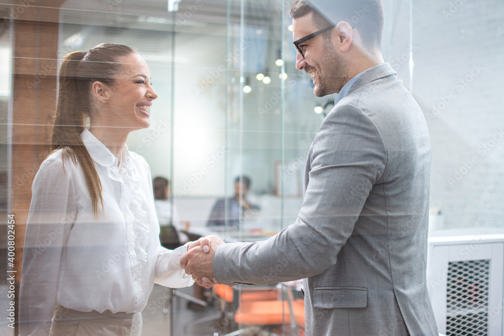 Fototapeta premium Businessman and businesswoman shaking hands in the office