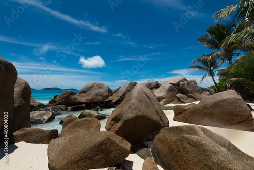 Huge granite boulders on the beach , La Digue, Seychelles