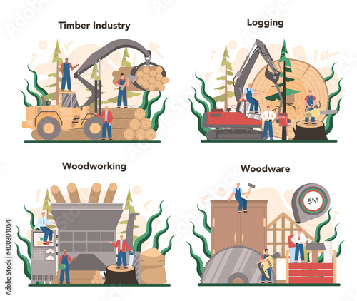 Wood industry and paper production concept set. Logging and woodworking photo