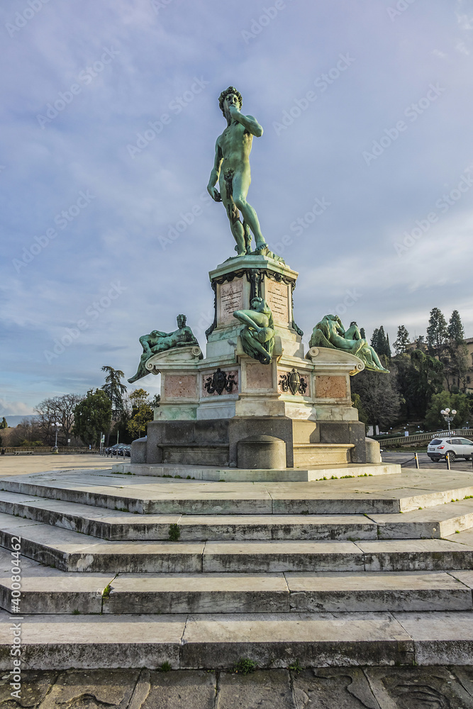 Bronze replica of statue David in the center of Michelangelo Square (Piazzale Michelangelo, 1869) in Florence (Firenze). Italy. Bronze replica of statue David in the center of Michelangelo Square (Piazzale Michelangelo, 1869) in Florence (Firenze). Italy.