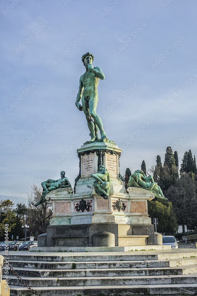 Bronze replica of statue David in the center of Michelangelo Square (Piazzale Michelangelo, 1869) in Florence (Firenze). Italy.
