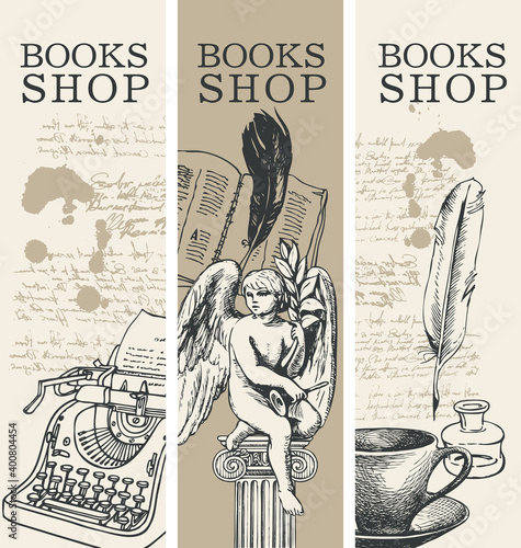 Set of three banners for books shop in retro style. Vector illustrations with hand-drawn typewriter, angel, book, cup and handwritten notes with spots. Suitable for flyer, label, bookmark, advertising