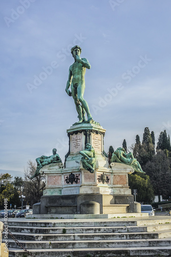 Bronze replica of statue David in the center of Michelangelo Square (Piazzale Michelangelo, 1869) in Florence (Firenze). Italy.
