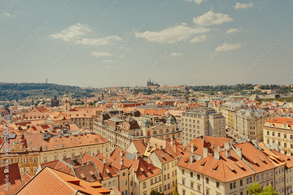 View from the observation deck to the historical part, the old town. Below are tiled red roofs