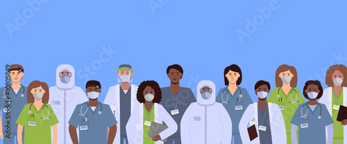 A diverse group of health care workers. Medical staff: doctors, nurses, laboratory technicians, surgeons, diagnosticians, therapists.