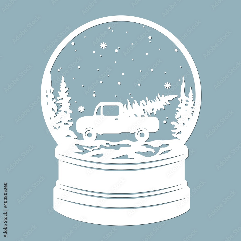 Vetor do Stock A snow globe, a car carrying a Christmas tree. around