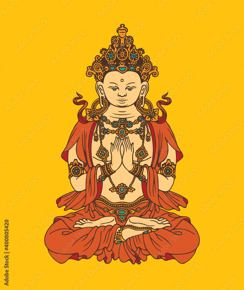 Banner with hand-drawn Buddha Shakyamuni on a yellow background. Decorative vector illustration of sitting Gautama Buddha meditating in the lotus pose. Awakened and Enlightened. Buddhist or Hindu god