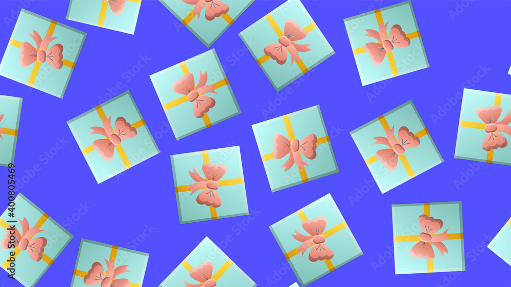 Endless seamless pattern of beautiful festive love joyful gift boxes on a blue background. illustration Endless seamless pattern of beautiful festive love joyful gift boxes on a blue background. illustration