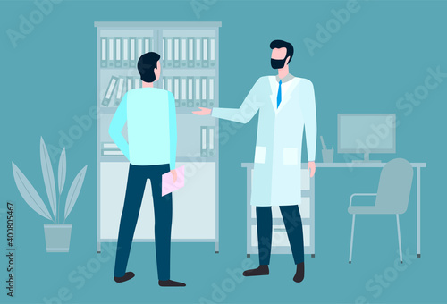 Man is communicating at a consultation with doctor. Therapist and patient at hospital appointment. A man in a medical gown stands with a clipboard. Male character telling the doctor about the symptoms