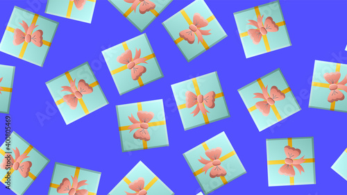 Endless seamless pattern of beautiful festive love joyful gift boxes on a blue background. illustration