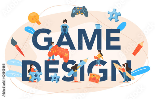 Game design typographic header. Creative process of a computer