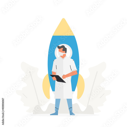 The doctor stands in front of a large rocket. Health insurance and medical business startup concept vector illustration.