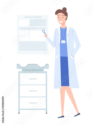 A female pediatrician holds a special tool in her hands. Doctor next to the changing table. Smiling girl in medical gown working in the hospital. Furniture for a medical office interior design