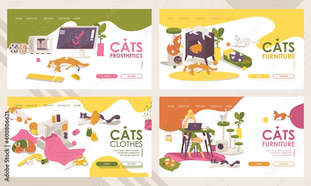 Collection of various landing page banners about cats furniture, dress and clothes for pets, 3d prostheses print for injured kittens. Vibrant colors and lovely animal characters