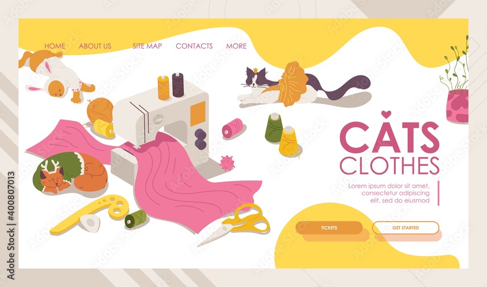 Cats clothes concept landing page banner template. Sewing machine and kittens dressed, thread, elements for pets seamstress