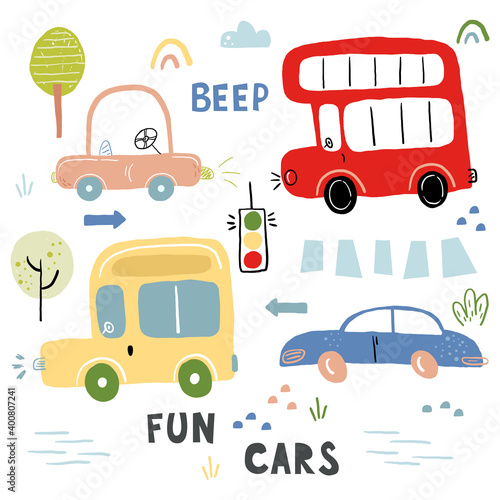 Cute childish print with hand drawn cute car. Cartoon cars  road sign zebra crossing vector illustration.Perfect for kids fabric textile nursery wallpaper