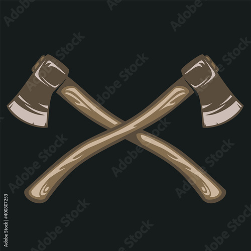 Hand drawn crossed lumberjack axes isolated on black background in vintage retro style. Color design element for print, tattoo, emblem, badge. Vector illustration.