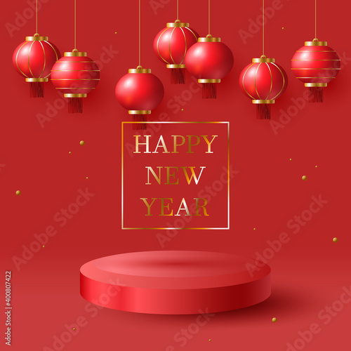 Oriental Chinese New Year Greeting Card Element Vector Design. Red hanging lantern Traditional Asian decoration. Decorations for the Chinese New Year. Chinese lantern festival. Realistic 3d design