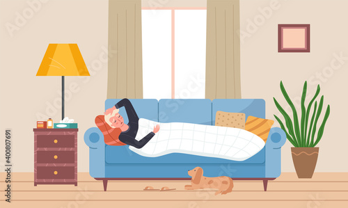 Male character having cold and lying in bed. Dog owner is sick at home vector illustration. The puppy lies next to the sofa and looks at the sad guy. Man being treated for flu with pills in apartment
