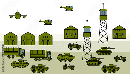 Military composition. Military transport, truck and helicopter. Military base camp, soldiers training in army, boot camp exercises. Tactical air base. Army and aircraft vehicles