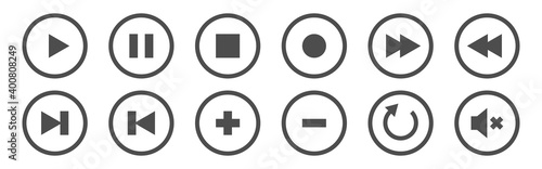 Media player buttons. Control icons set. Play, stop, pause and rewind elements on white background. Video and audio buttons. Website icons. Vector illustration