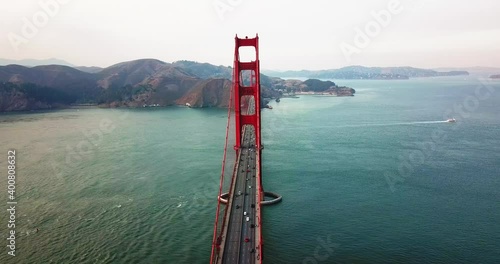 Steady aerial footage of Golden Gate bridge in San Francisco, California state of United States of America at sunset